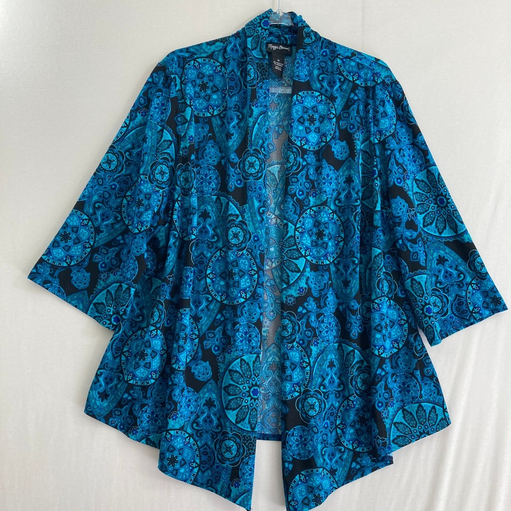 Maggie Barnes Light Jacket size 1X Blue Mandala Abstract Open Front 3/4 Sleeve